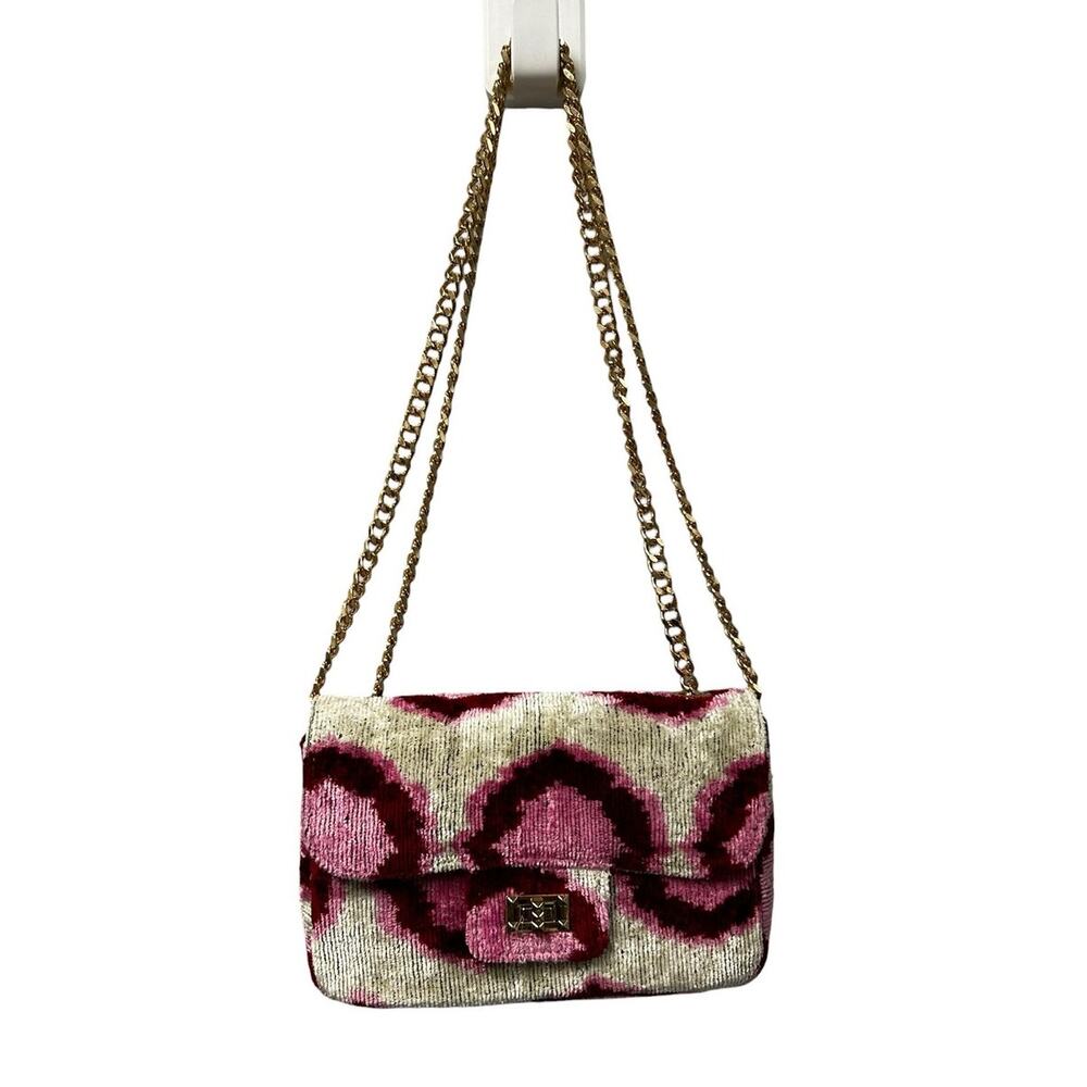 Baldiz Pink Cream Printed Silk Velvet Chain Strap Brooke Crossbody Bag